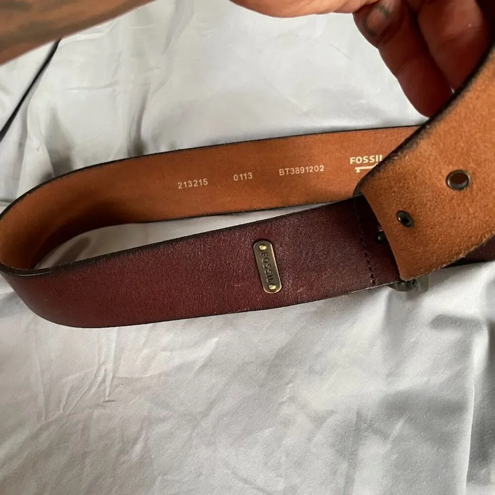 FOSSIL Antiqued Brass Double Ring Buckle LEATHER BELT Small